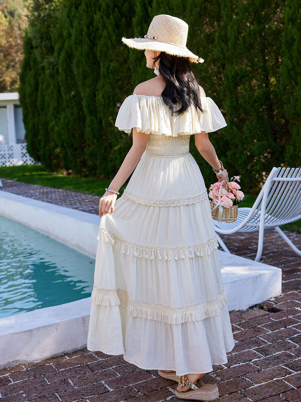 White Bohemian Off The Shoulder Ruffled Tassel High Waist Boho Maxi Dress