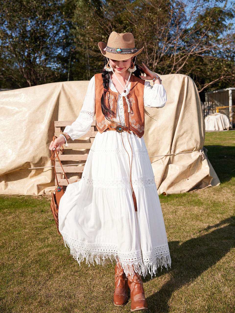 Bohemian White Long-sleeved Cotton Tassel Maxi Dress