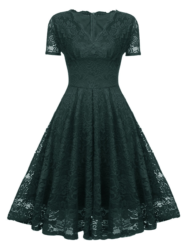 Solid Color Lace Short Sleeve V Neck 50s Party Swing Dress