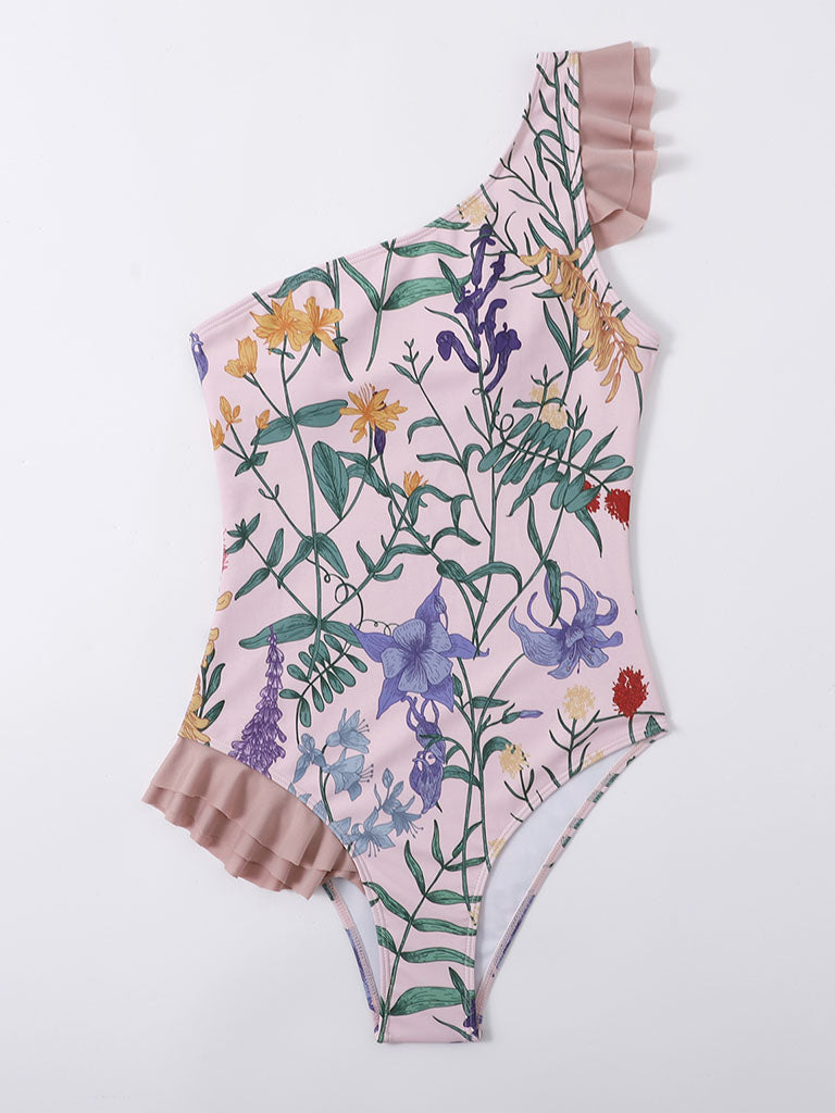 Pink Floral Print Retro Style Ruffles One Piece