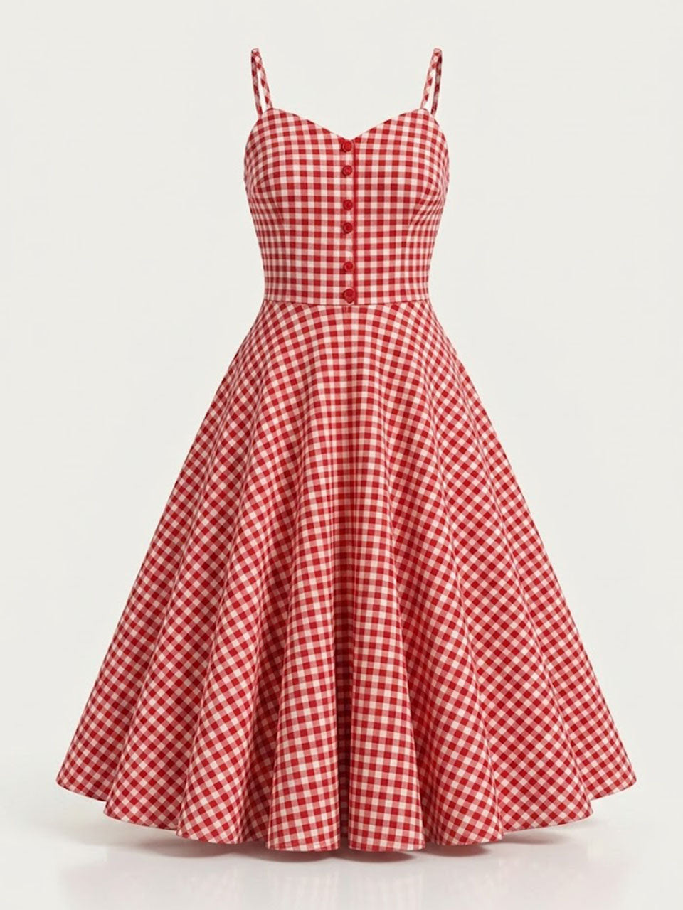 1950s Green Gingham Button Front Spaghetti Strap Swing Summer Picnic Dress
