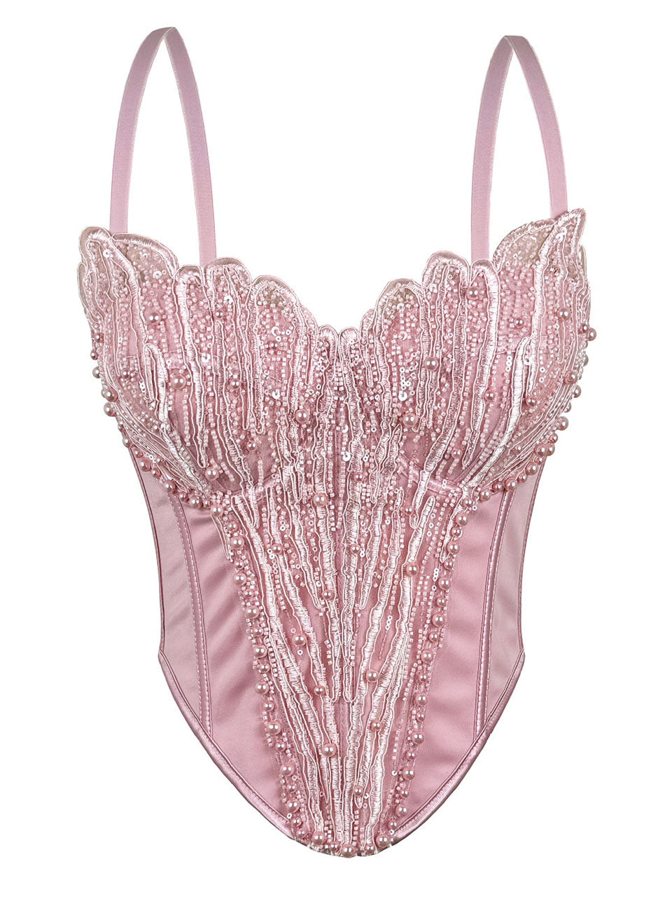 Pink Pearl Beaded Corset Top - Sequined Embroidery Spaghetti Strap Bustier