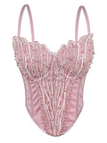 Pink Pearl Beaded Corset Top - Sequined Embroidery Spaghetti Strap Bustier
