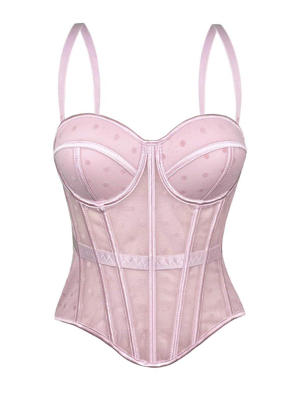 Pink Polka Dot Mesh Corset Top - Sheer Boned Spaghetti Strap Bustier
