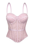 Pink Polka Dot Mesh Corset Top - Sheer Boned Spaghetti Strap Bustier