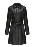 Black Faux PU Leather Trench Mid-Length Coat