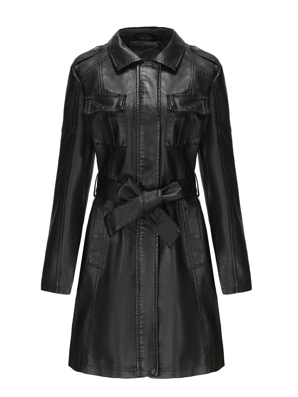 Black Faux PU Leather Trench Mid-Length Coat