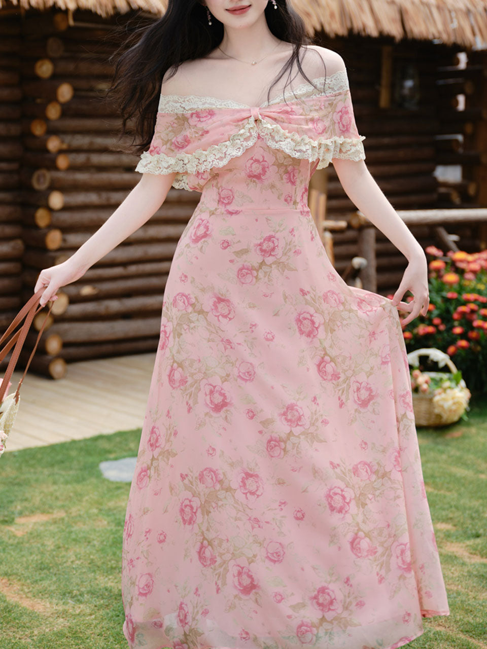 Pink Floral Rose Off Shoulder Lace Georgette Dress