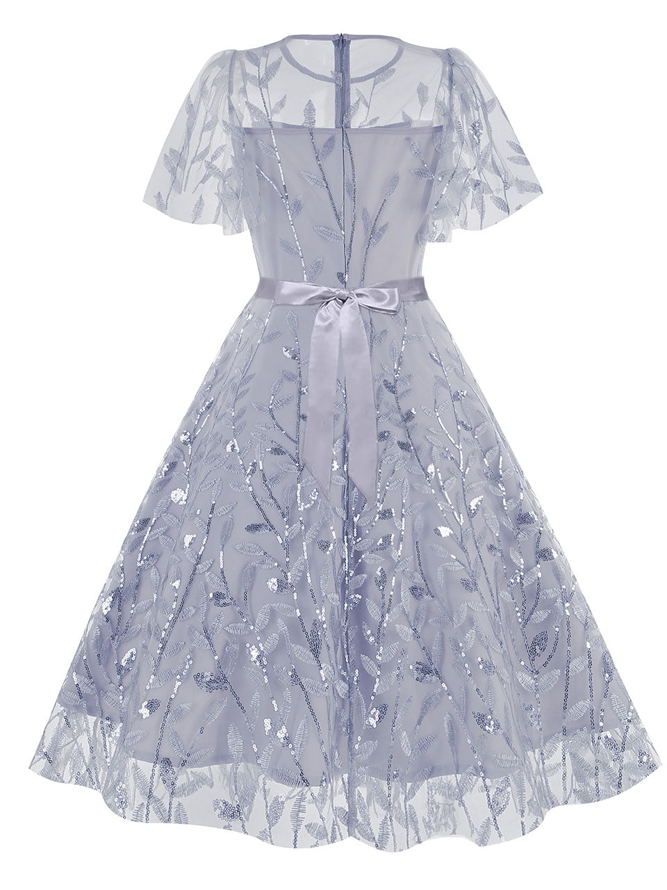 Baby Grey Semi Mesh Leaf Sequins Embroidered Short Sleeve 1950S Swing Dress