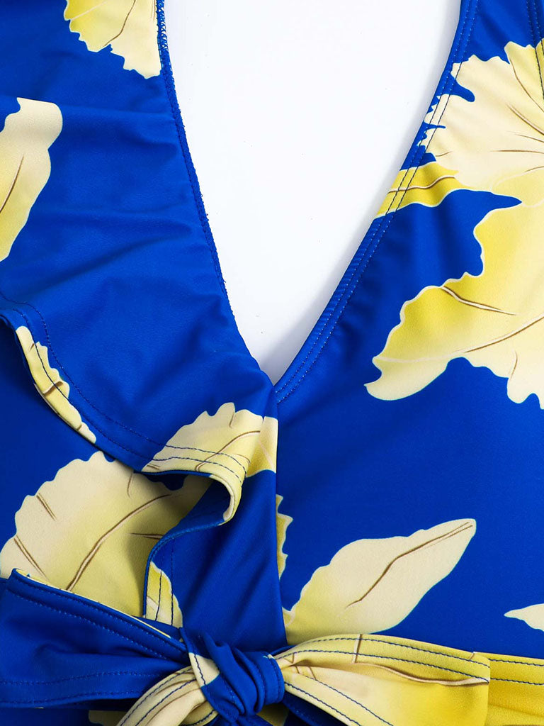Blue Floral Print Ruffles Strap One Piece