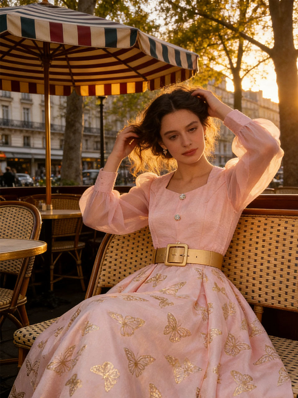 Gold Foil Butterfly Print Pink Vintage Square Neck Maxi Dress