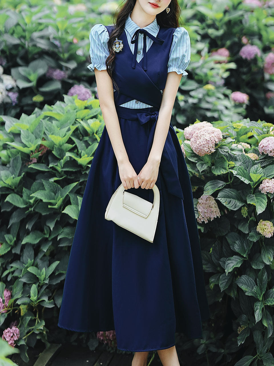 Vintage Navy Two-Piece Fake Layered Shirt Dress