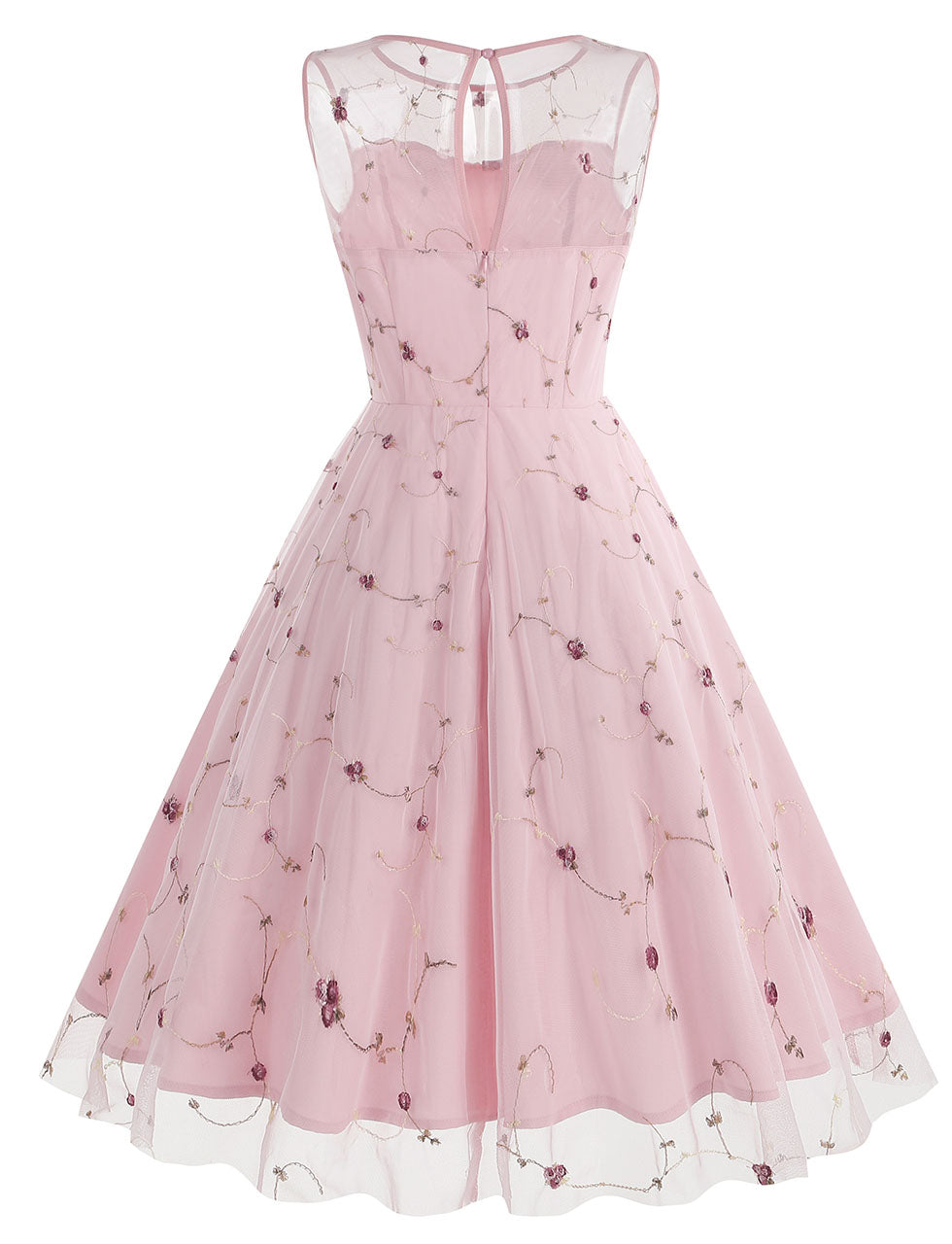 Lake Blue Semi Mesh Flower Embroidered Sleeveless 50S Swing Dress
