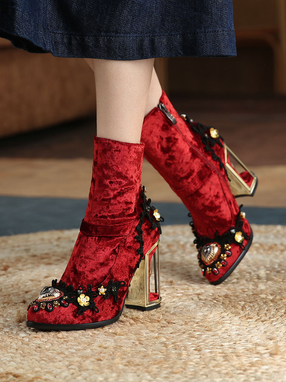 10CM Lace Chunky High Heel Bootie Vintage Shoes