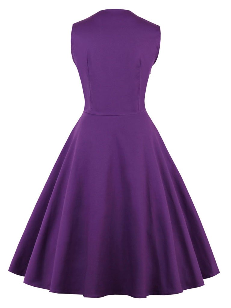 Purple Floral Square Neck Slim Fit Vintage Dress