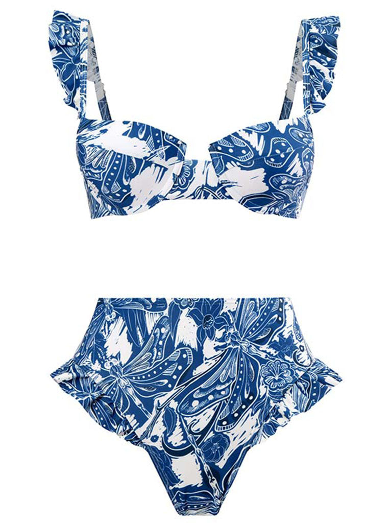 Floral Print Retro Style Strap Bikini Two Piece