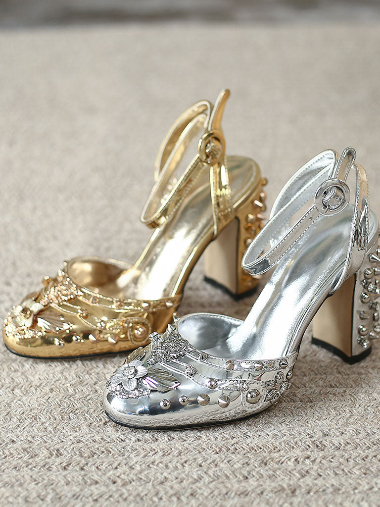 Luxurious Rivet Chunky Heel Sandals Vintage Shoes