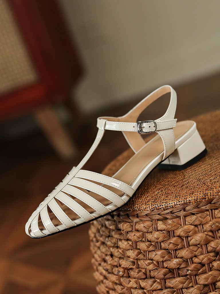 Flats Sandals Pointed Toe Hollow Belt Leather Vintage Shoes