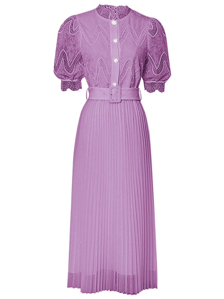 Apricot Stand Collar Puff Sleeve Mesh Pleated Dress