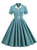 Green Plaid Turn Down Collar Short Sleeves 1950S Vintage Shirt Dress