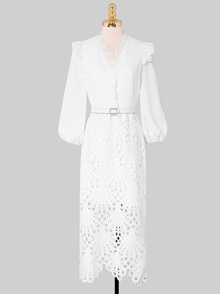 Green V Neck  3/4 Sleeve Lace 1960S Dress