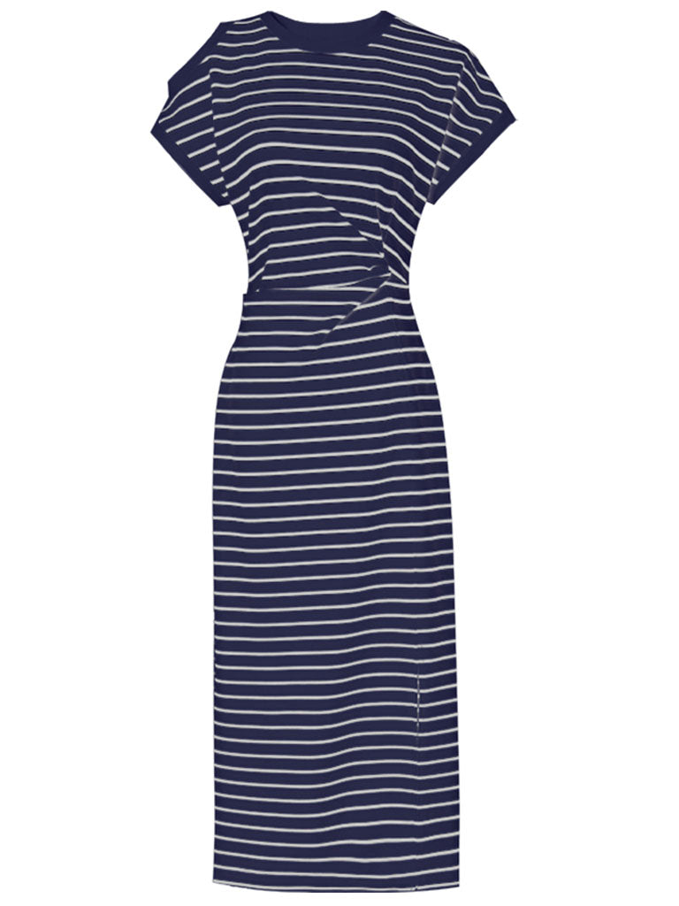 Striped Crew Neck Slit Casual Bodycon Dress