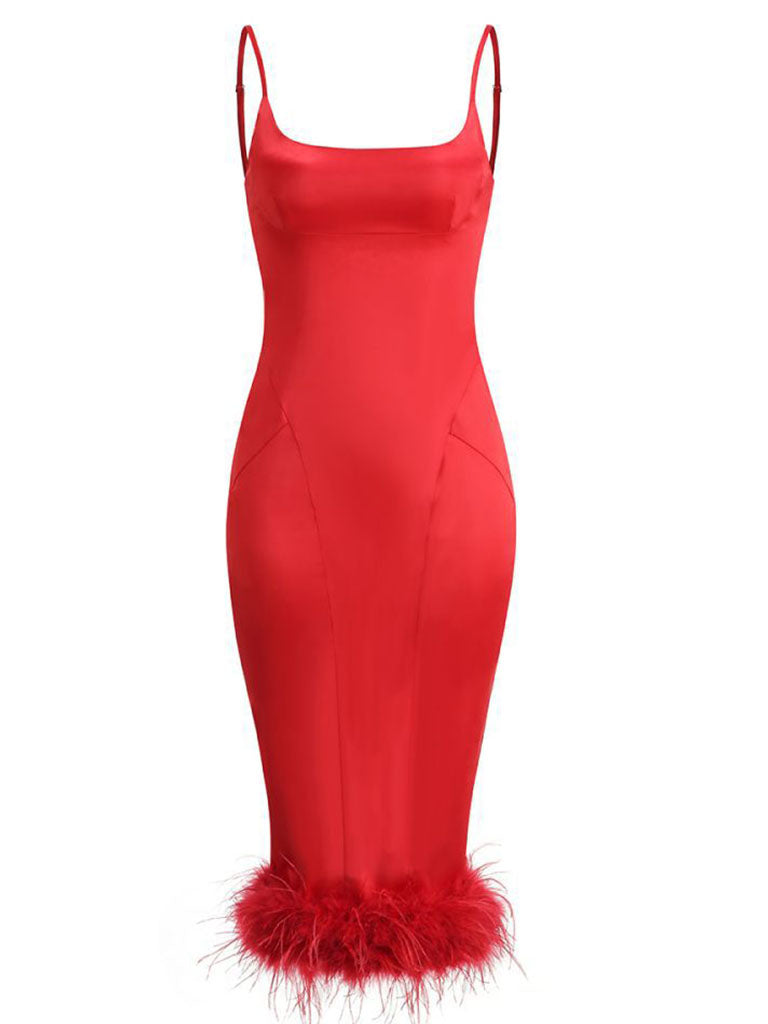 Purple Spaghetti Strap Satin Feather Hem Bodycon Dress Gown Party Dress