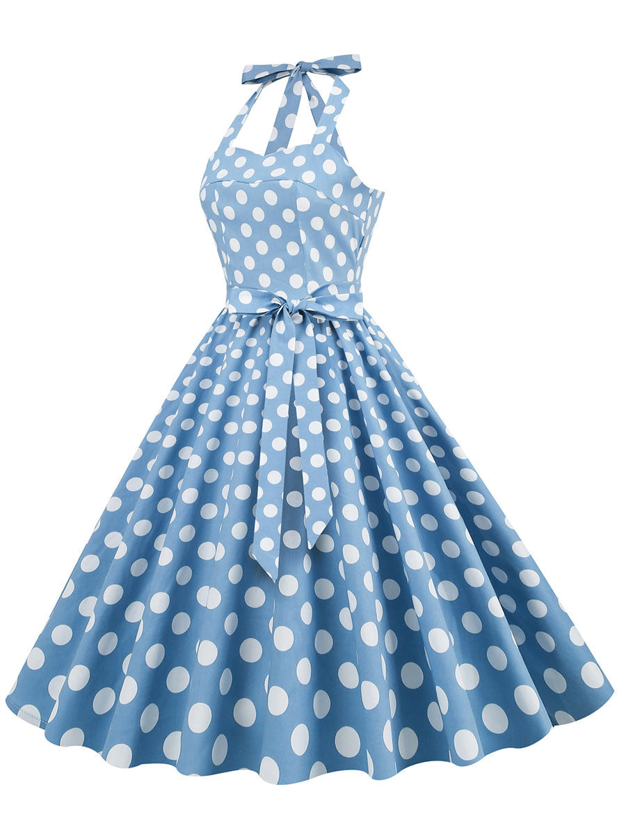 Blue And White Polka Dots Vintage Halter 1950S Dress
