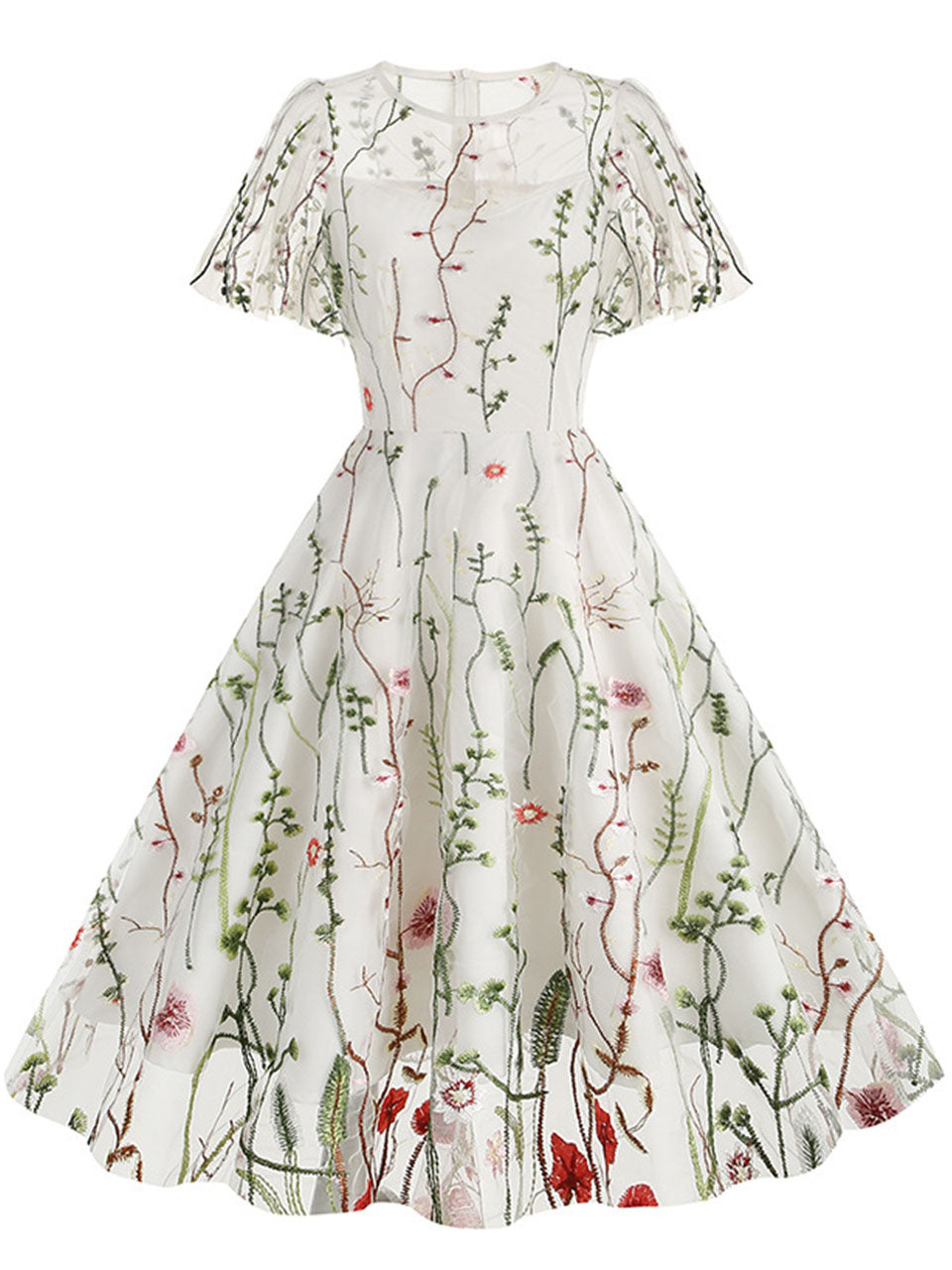 Wine Red Semi Mesh Flower Embroidered Short Sleeve 50S Swing Dress