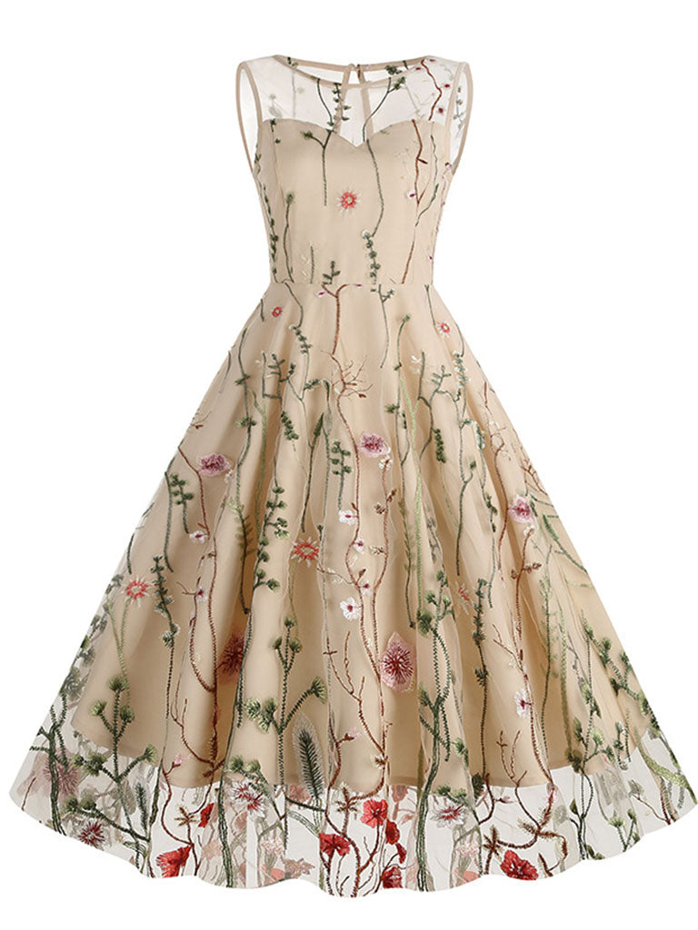Wine Red Semi Mesh Flower Embroidered Sleeveless 50S Swing Dress