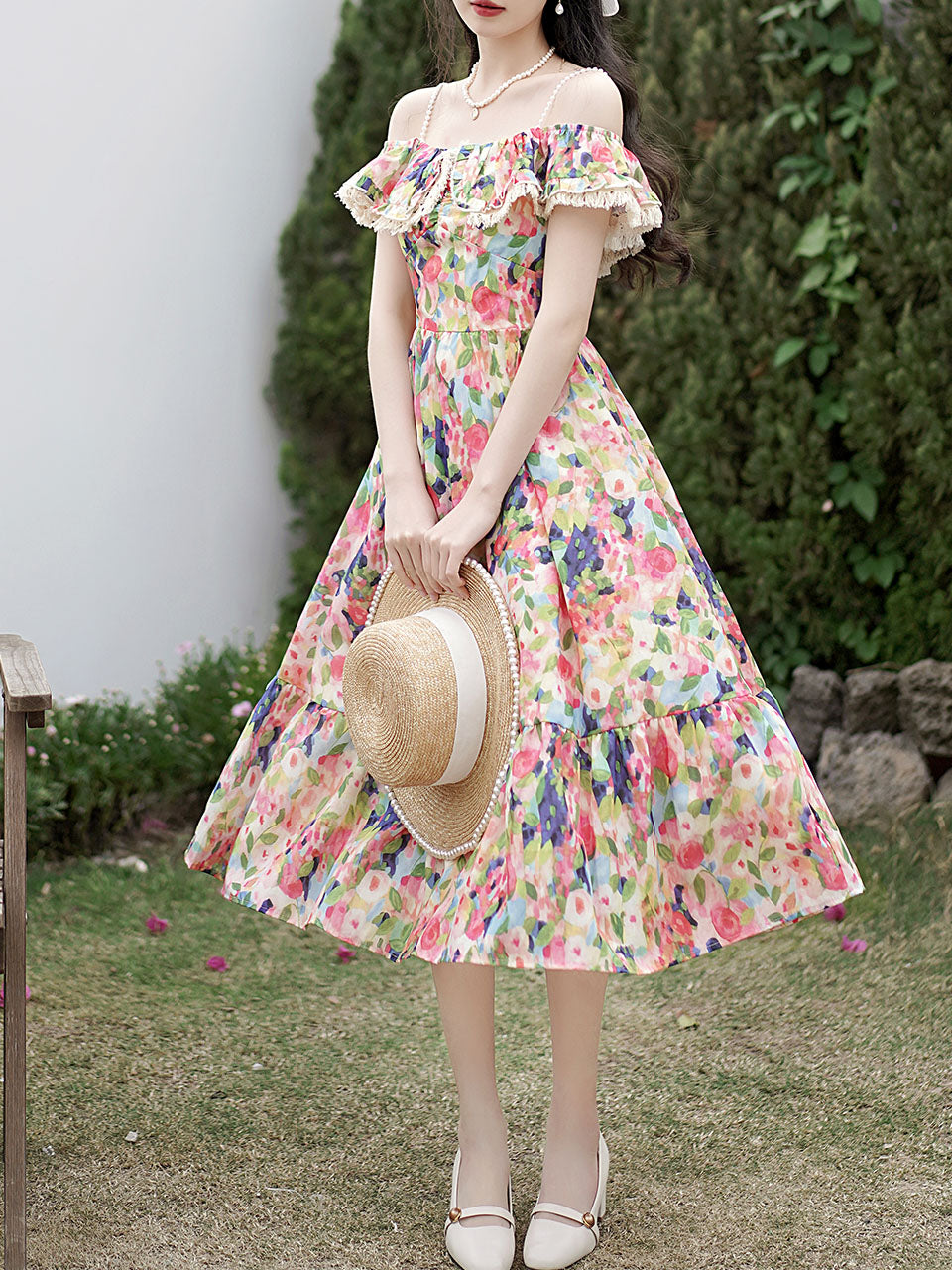 Off The Shoulder Floral Print Ruffles Vintage 1950S Dress