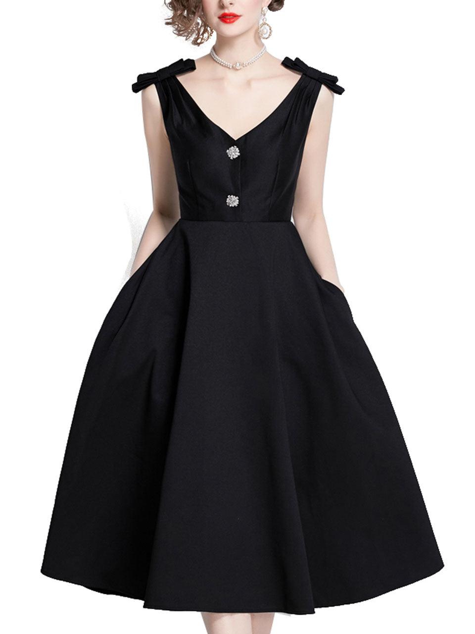 Rose Luxury Button V Neck High Waist Swing Party Dress