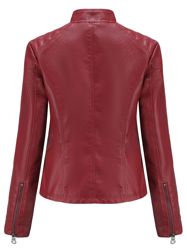 Stand Collar Long Sleeve PU Leather Motorcycle Jacket