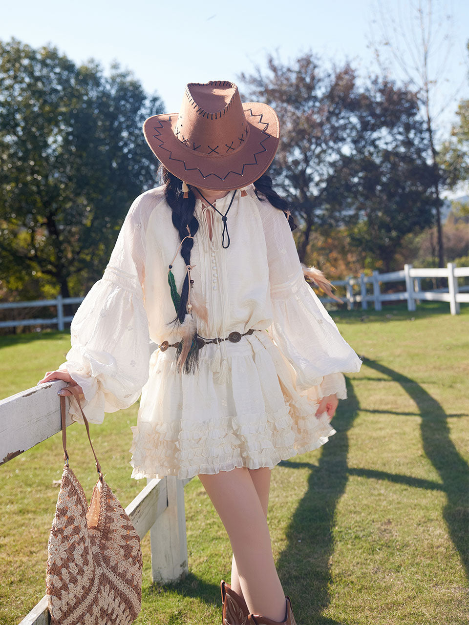 Bohemian White Long-sleeved Mini Dress