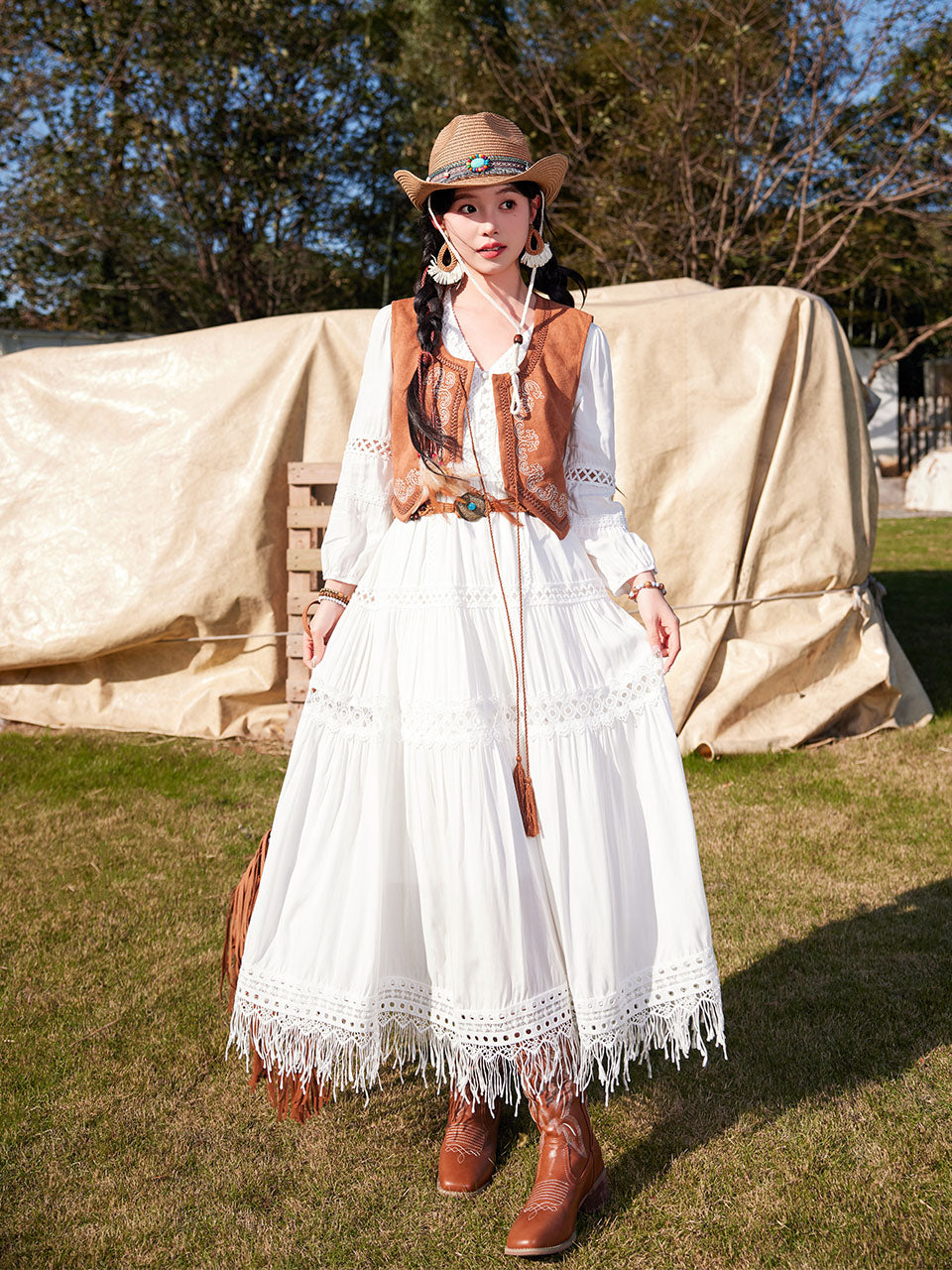Bohemian White Long-sleeved Cotton Tassel Maxi Dress