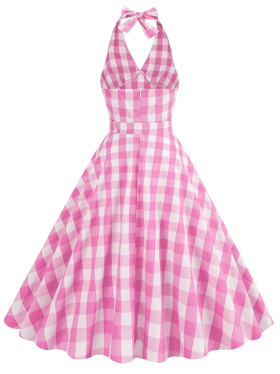 Pink And White Plaid Halter Deep V Neck 1950S Vintage Dress