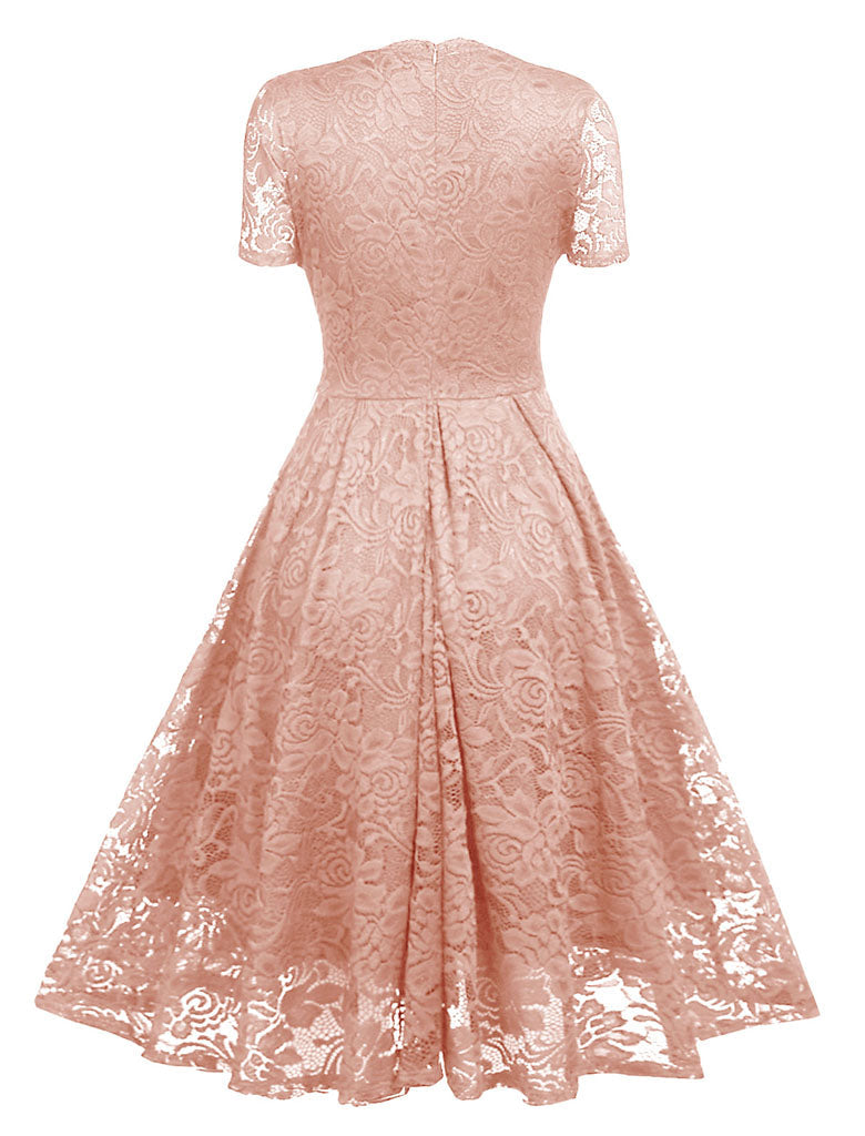 Solid Color Lace Short Sleeve V Neck 50s Party Swing Dress