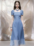1950s Retro Square Neck Blue Pinstripe Swing Dress