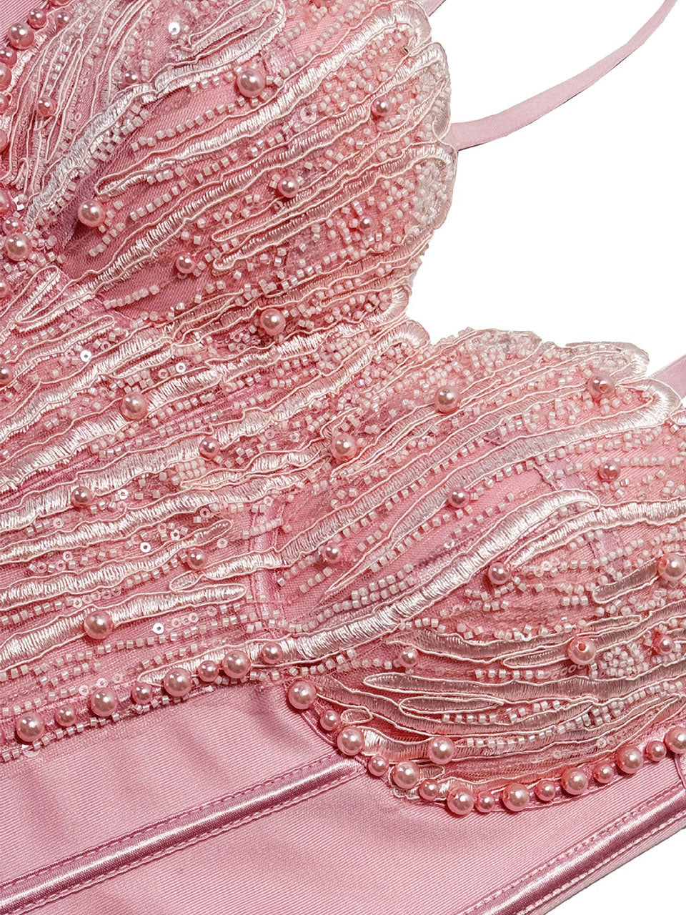 Pink Pearl Beaded Corset Top - Sequined Embroidery Spaghetti Strap Bustier