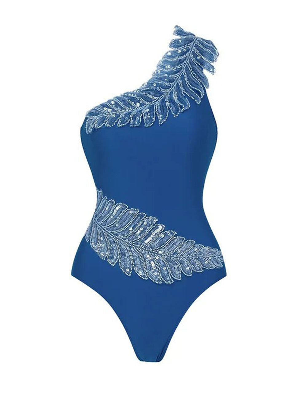 Royal Blue One Shoulder Beaded Feather One Piece Monokini