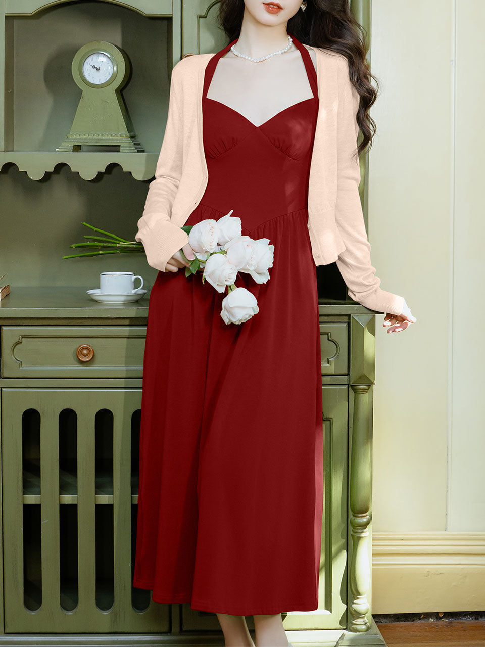 Green Halter Backless Vintage Dress Prom Dress