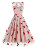 White Semi Mesh Cherry Embroidered Sleeveless 50S Swing Dress