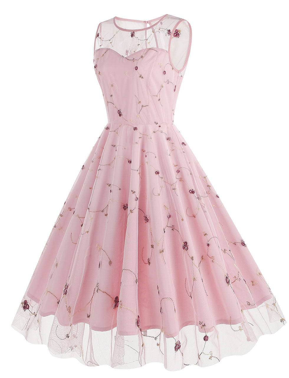 Lake Blue Semi Mesh Flower Embroidered Sleeveless 50S Swing Dress