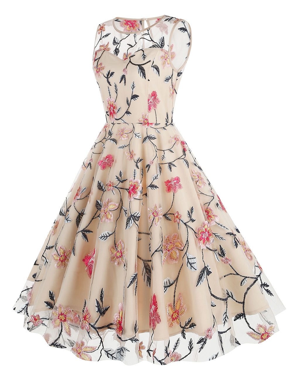 Lake Blue Semi Mesh Rose Embroidered Sleeveless 50S Swing Dress