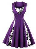 Purple Floral Square Neck Slim Fit Vintage Dress