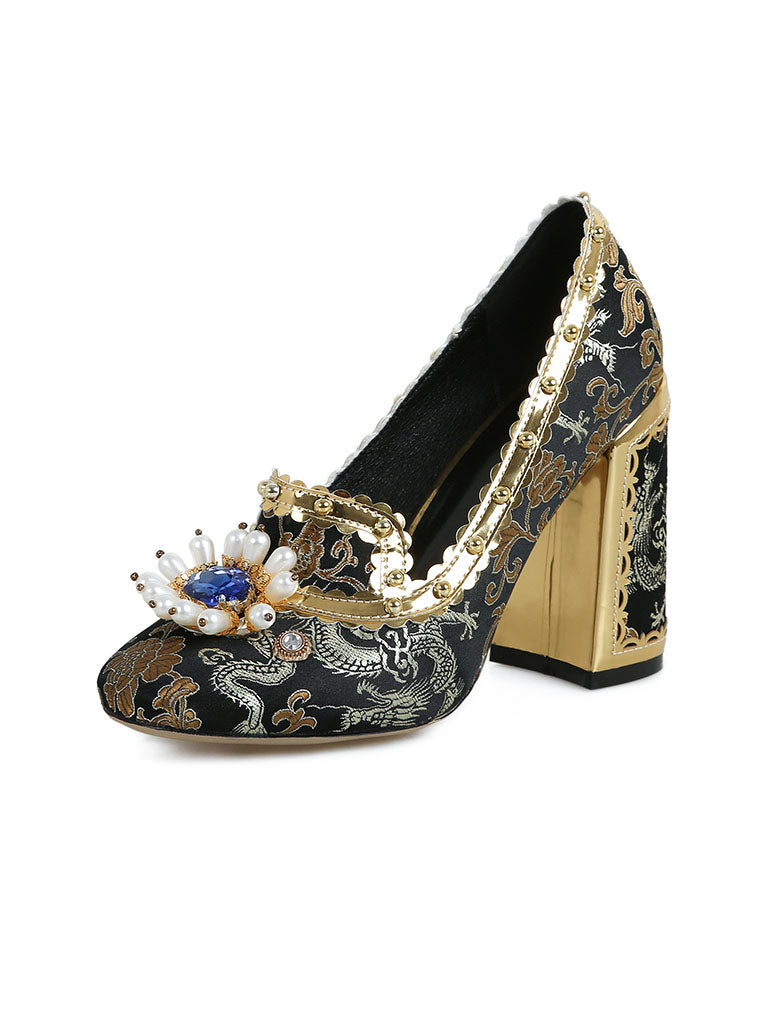 10CM Luxury Pearls And Diamonds Chunky Heels Retro Shoes