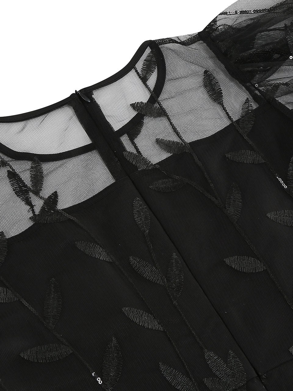 Baby Grey Semi Mesh Leaf Sequins Embroidered Short Sleeve 1950S Swing Dress