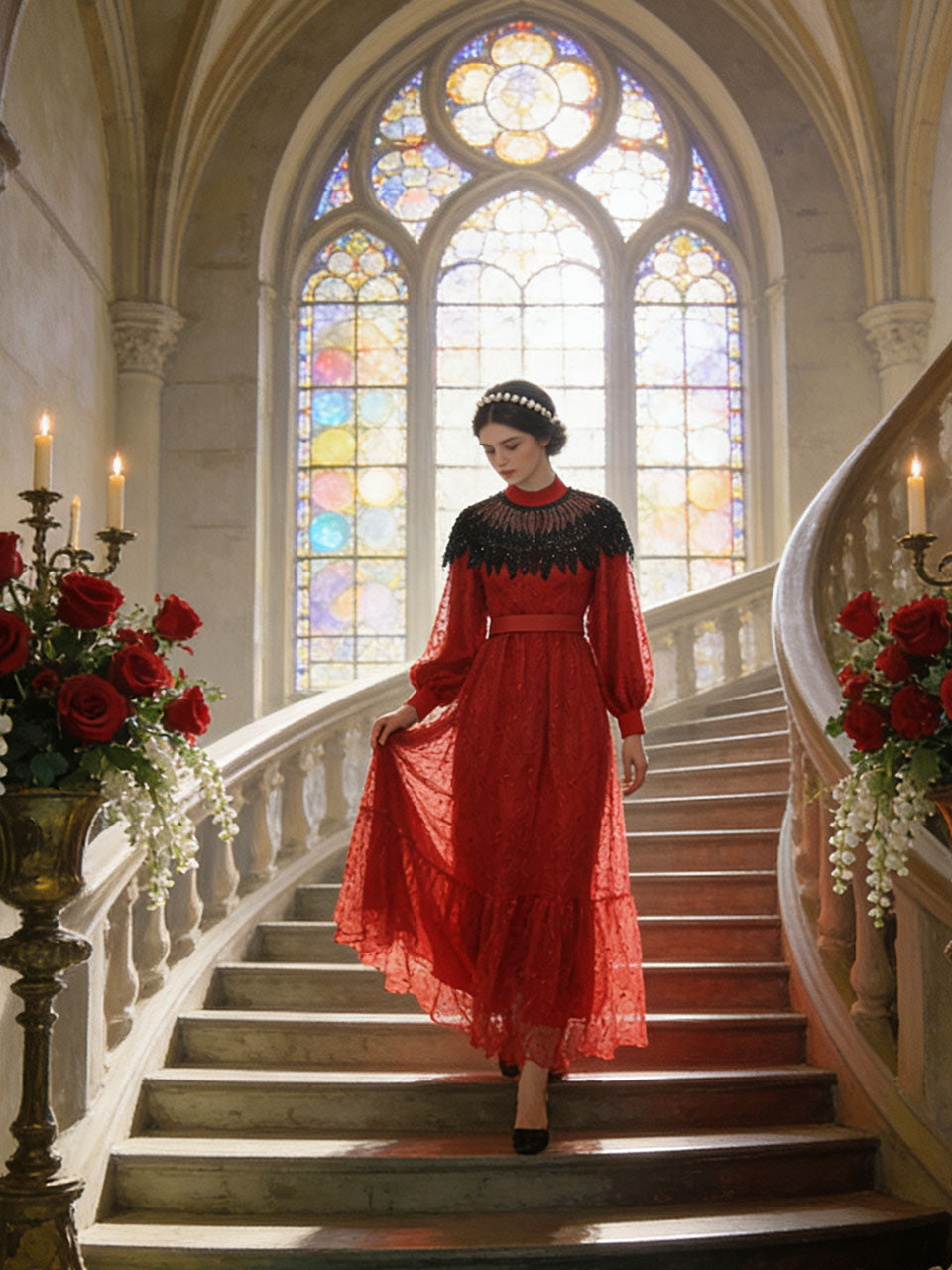 Red & Black Spliced Lace Dress