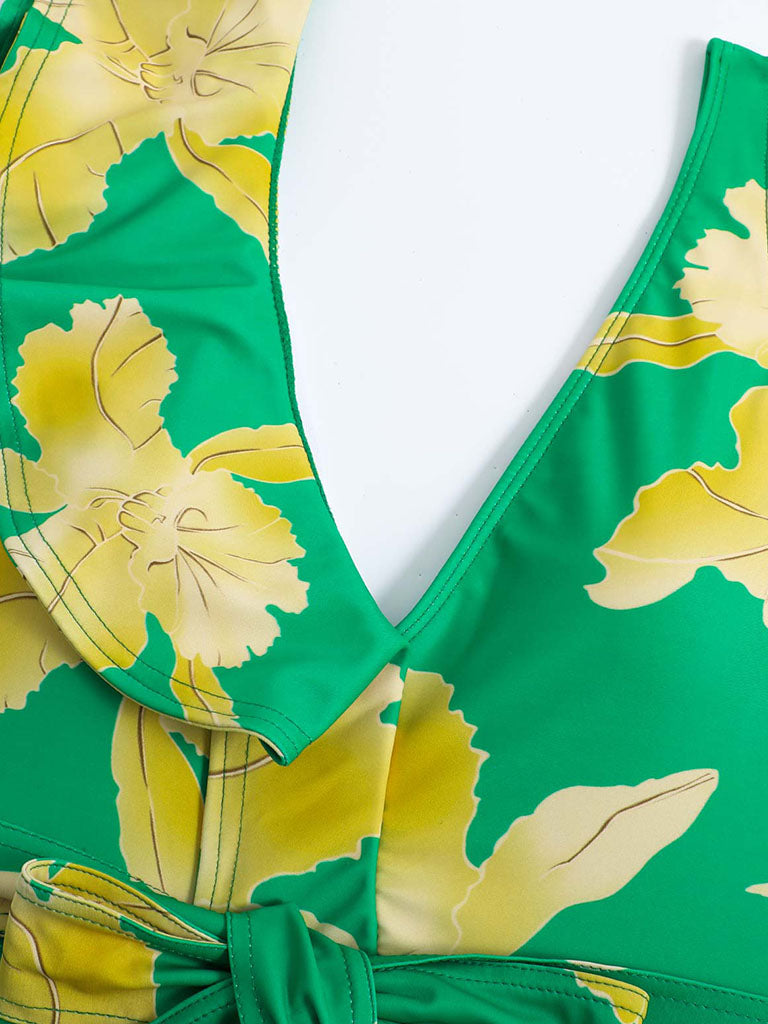 Blue Floral Print Ruffles Strap One Piece