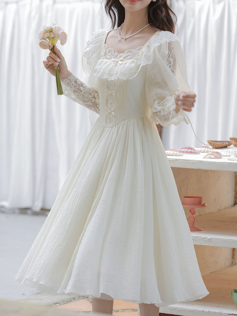 Sweet Victorian Lace Square Collar Corset Short Sleeve Wedding Mini Dress